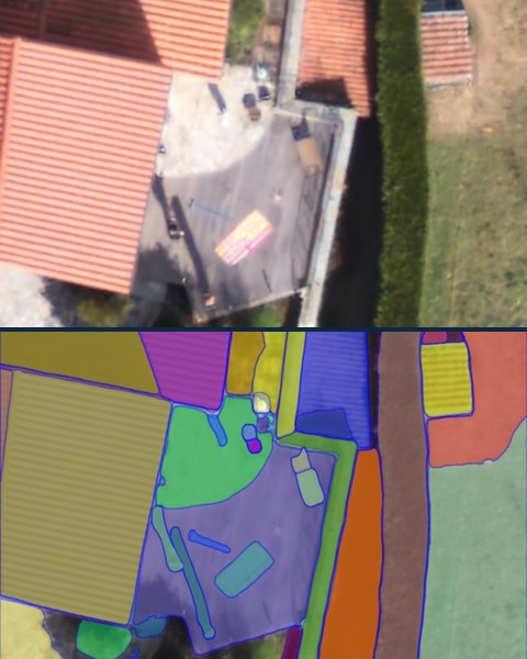 Drone frame from 300 m, enhanced, with its segmentation below